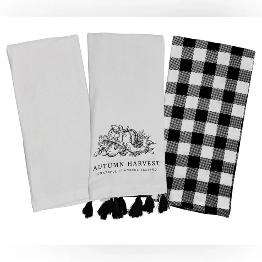 MRKT Autumn Harvest Black White Graphic Gingham Plaid Cotton Towel Gift Set